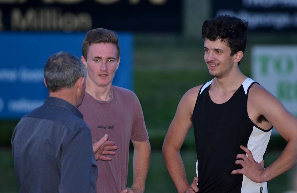 THE VICTORS: Tyler Colley and Nathan Voytilla chat to Bathurst Harness Racing Club president Wayne Barker after their victory.