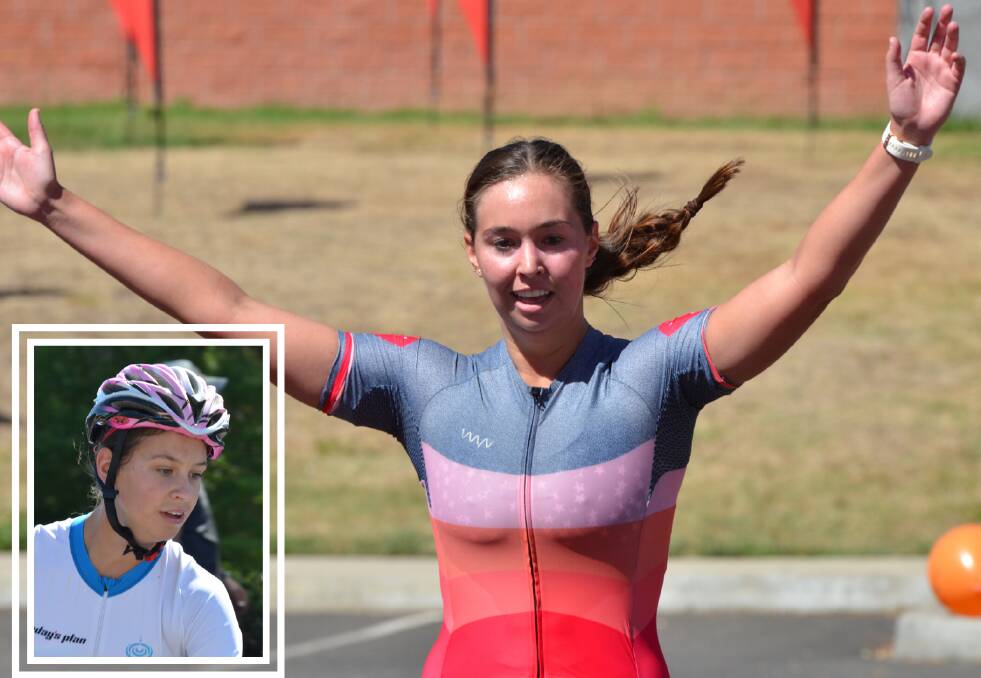 SUPER SIBLINGS: Lucy Hobson celebrates as she crosses the line in the women's only triathlon, a race in which her younger sister Poppy (inset) made her debut. Photos: ANYA WHITELAW