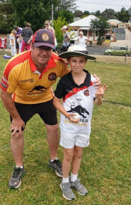 LITTLE MASTER: ORC's Jake Rivett, pictured with his coach Rod Masman, claimed a hat-trick in Master Blaster cricket. The left-arm quick bowled each of his three victims. Photo: CONTRIBUTED