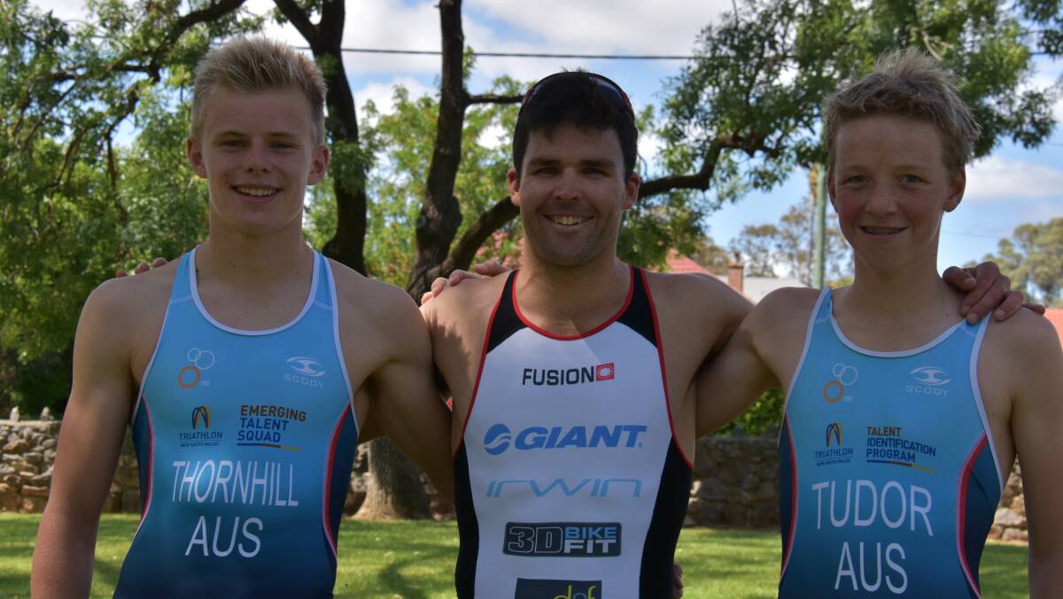 TOP THREE: Nick North (centre) beat home Orange duo Rory Thornhill and Tom Tudor in the Mudgee round of the Central West Inter Club Triathlon Series. Photo: JAY-ANNA MOBBS