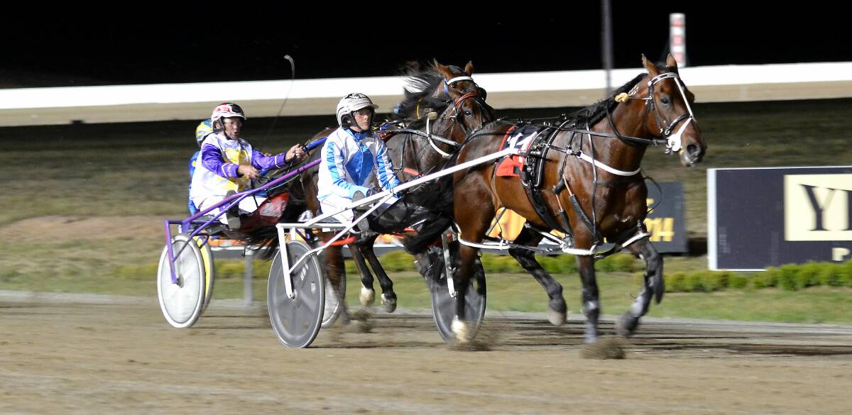 COMING HOME: The Ashlee Grives driven Whittaker takes the lead from Im With Lexy down the straight in Friday's Star Trek Final at the Bathurst Paceway. Photo: ANYA WHITELAW