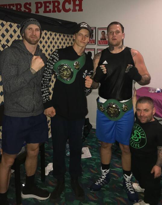 CHAMPIONS: Snakebite Boxing duo Dylan Stanley and Adam Moffatt (centre) won ABL Australian Novice titles. They are pictured with Nathan Moffatt (left) and Jamie Fallon (right)