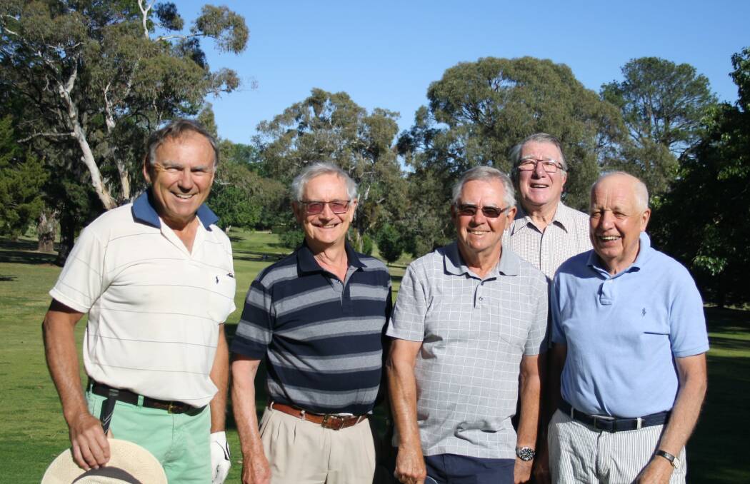 FUN ON THE FAIRWAY: Central West Veteran Golfers, from left Peter Hedland (29 points), David Manning (32), Adrian Garton (31), John Templeman (35) and Geoff Errey (33) after mastering the slick greens and lush fairways at Bathurst Golf Course. Photo: MALCOLM CAMPBELL
