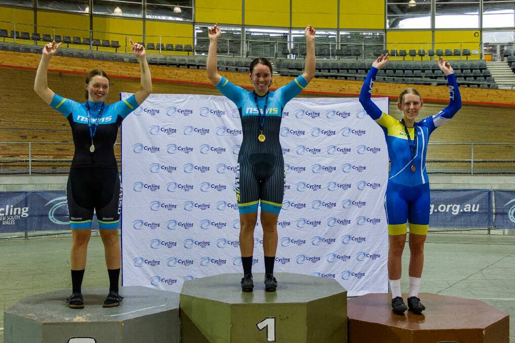 TWIN TURBOS: Tyler Puzicha (left) and Kalinda Robinson (centre) shared two state track podiums. Photos: CYCLING NSW
