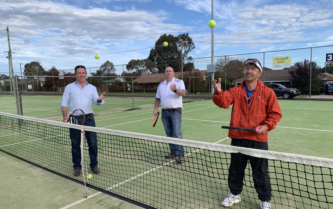 ACE NEWS: Celebrating the news that Egllnton Tennis Club has been given a grant to build a new clubhouse are, from left, Bathurst MP Paul Toole, club president Jason Honeyman, and Rod Schumacher.