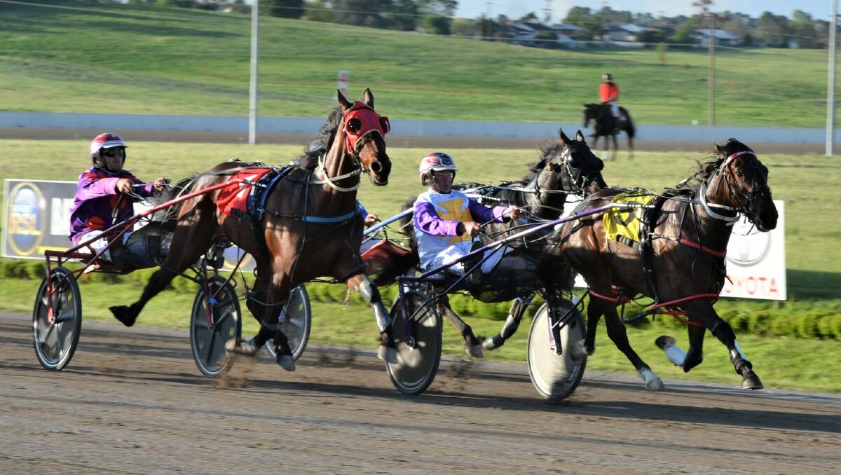 ON THE FLY: Talk About Lexy sprints down the home straight at the Bathurst Paceway on Wednesday night to be the first of four winners for Georges Plains trainer Bernie Hewitt. Photo: ANYA WHITELAW