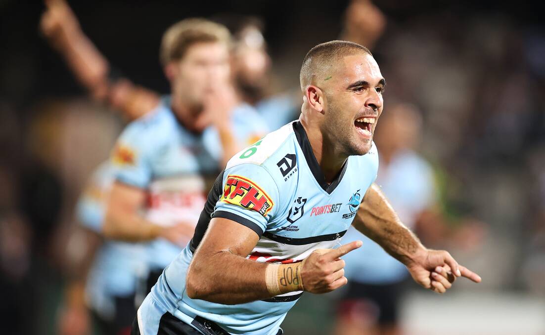 Will Kennedy scored the second hat-trick of his NRL career for Cronulla on Saturday night. Picture by Getty Images