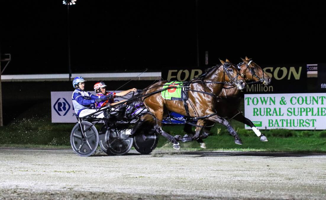 THRILLING FINISH: The Bernie Hewitt driven Kashed Up (inside) was only narrowly beaten by favourite Idyllic (outside) in the Gold Chalice Final on Saturday night at the Bathurst Paceway. Photo: COFFEE PHOTOGRAPHY AND FRAMING