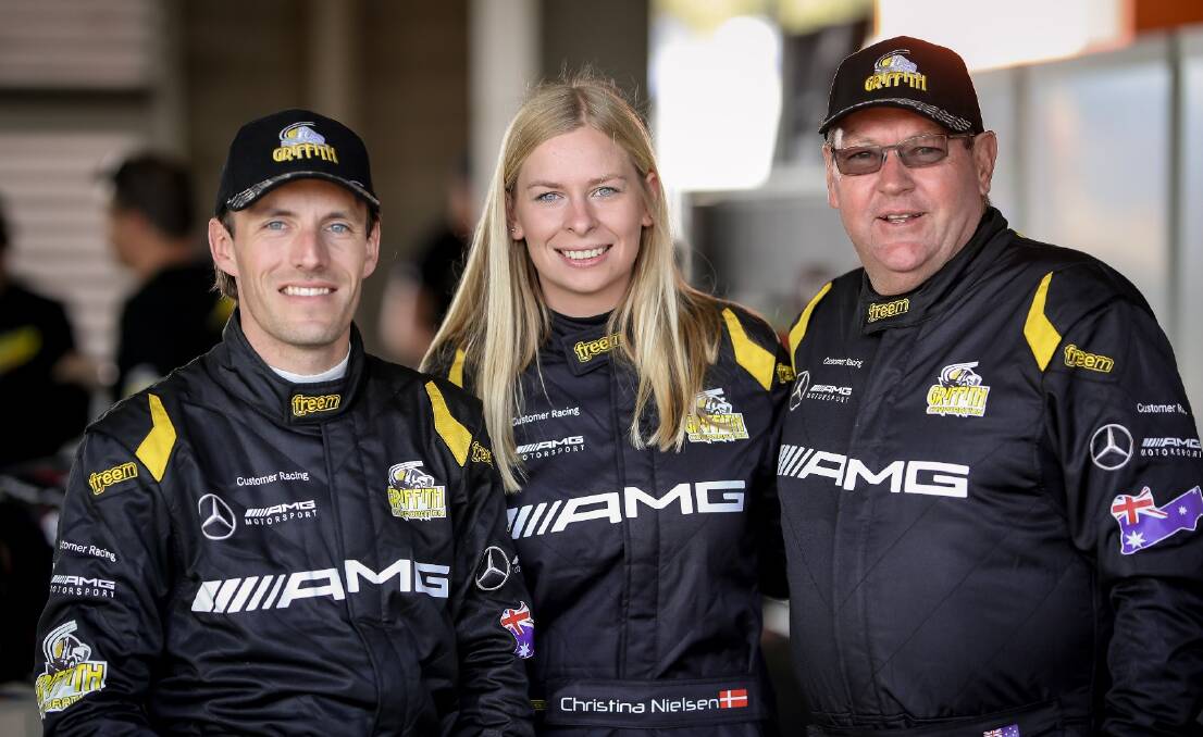 HAPPY TO BE AT BATHURST: Bathurst 12 Hour debutante Christina Nielsen (centre) with her co-drivers Yelmer Buurman and Mark Griffith. Photo: MERCEDES AMG