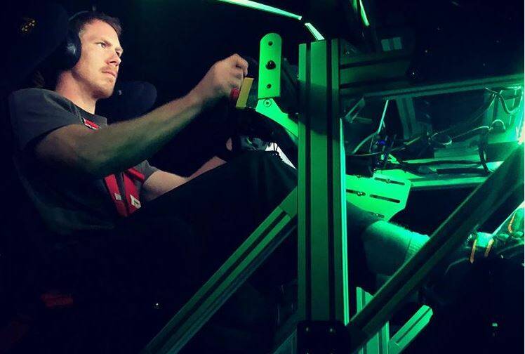 PREPARATION: Jack Riewoldt spends time in a simulator as he prepares for the Supercars' virtual celebrity race at Mount Panorama on May 18. Photo: JACK RIEWOLDT INSTAGRAM