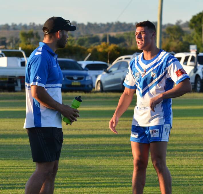 THUMBS UP: St Pat's coach Tyson Medlyn, pictured chatting to under 21s playmaker Kyle Mawhinney, is pleased the Western competition will continue.