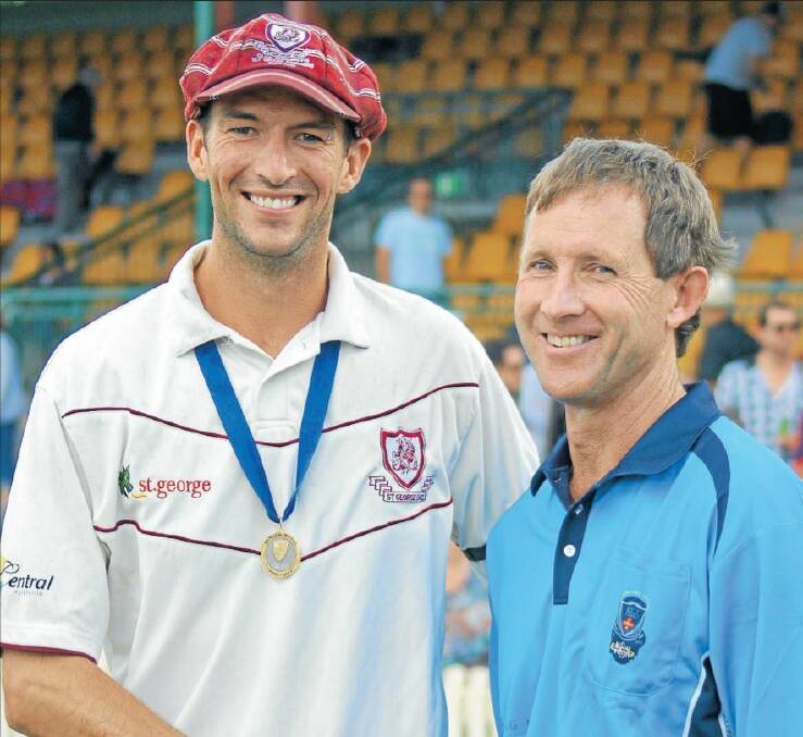 BRILLIANT FINAL: Trent Copeland, pictured with Bathurst umpire Tony Wilds, won the Benaud Medal for his efforts in the Saints' 2012-13 grand final win.