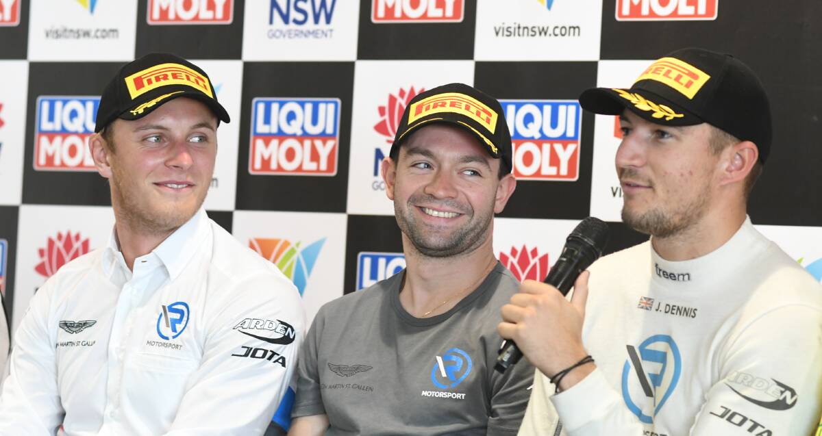 SO CLOSE: Jake Dennis (right) and his R Motorsport team-mates Matthieu Vaxiviere and Marvin Kirchhoefer placed second in their Bathurst 12 Hour debut. Photo: CHRIS SEABROOK