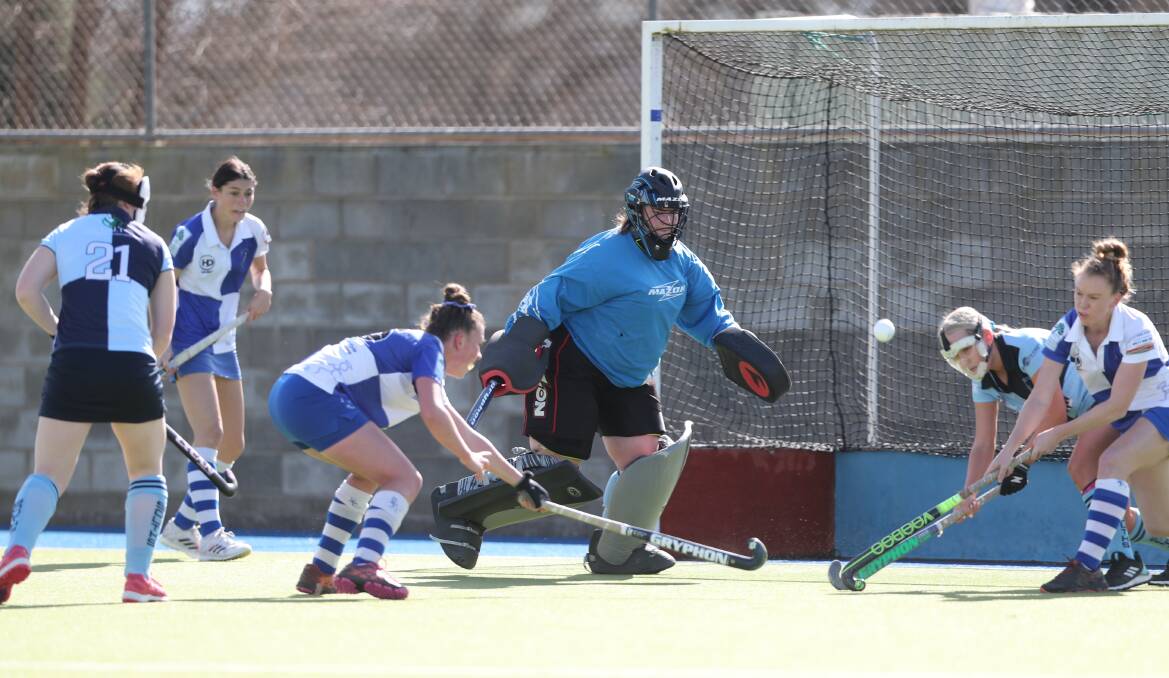 SHUT DOWN: Souths' defence - led by goalkeeper Steph Hinds - was superb under pressure on Saturday. They repelled nine St Pat's short corner plays. Photo: PHIL BLATCH