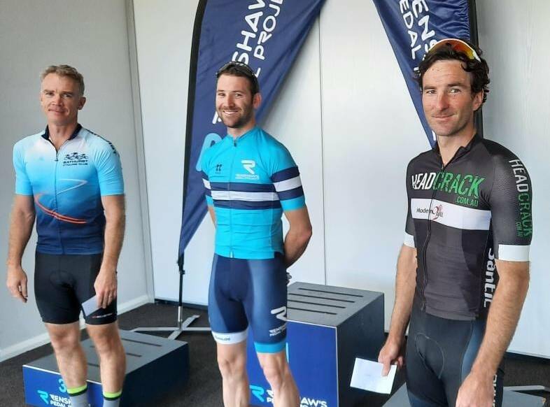 SMILES AFTER THE HURT: The A grade podium for the 2021 Hurt on the Dirt, Nick Barrett, Craig Hutton and Simon Hickey. Photo: CONTRIBUTED 