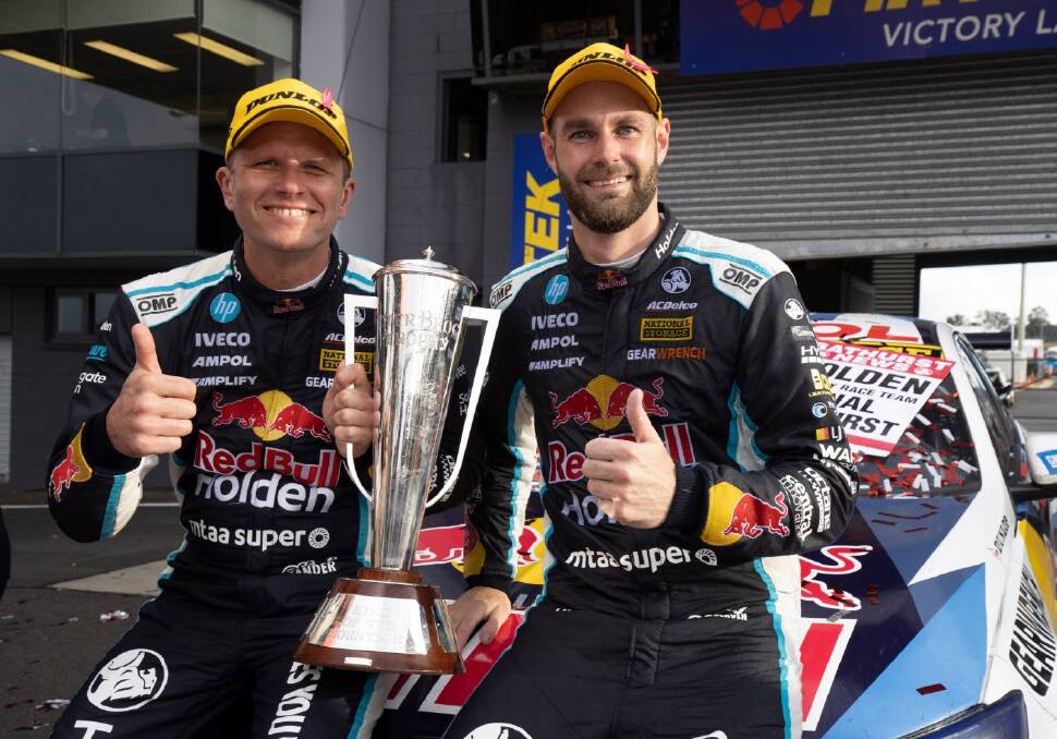 FITTING FAREWELL: Garth Tander and Shane van Gisbergen with the Peter Brock Trophy.