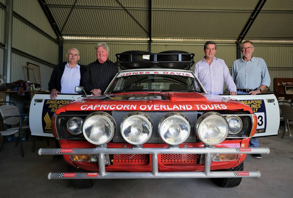NEW LIFE: Craig Shiel, third from left, has restored the Datsun which raced in the 1977 London to Sydney marathon. He's pictured with the crew Arthur Davis, Rod Jones and John Latham. Photo: PHIL BLATCH
