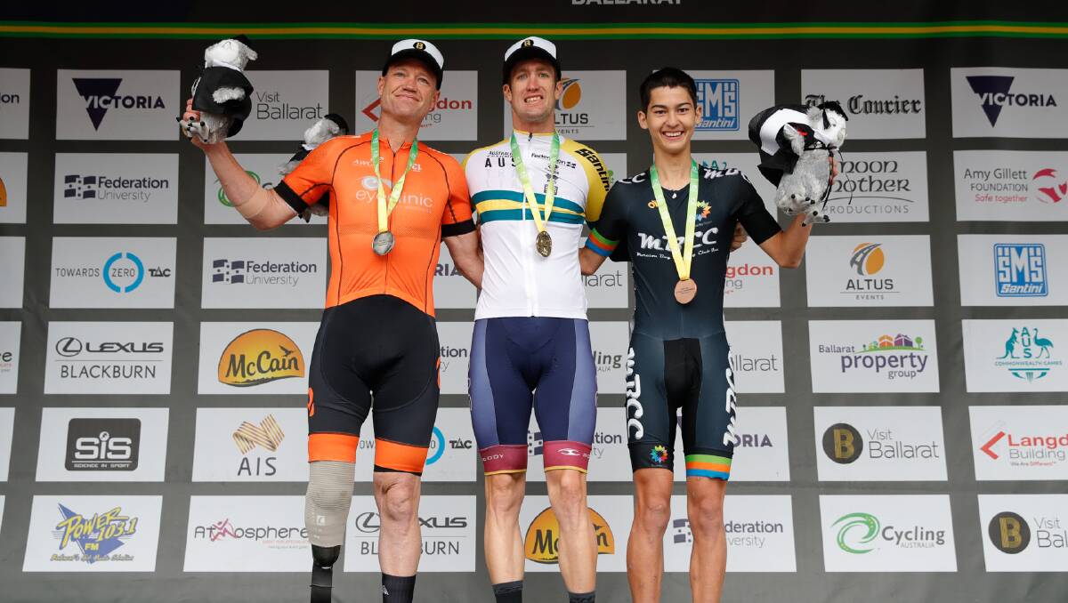 VICTORY: David Nicholas made it a clean sweep at Ballrat with his road race gold. Photo: CON CHRONIS/CYCLING AUSTRALIA