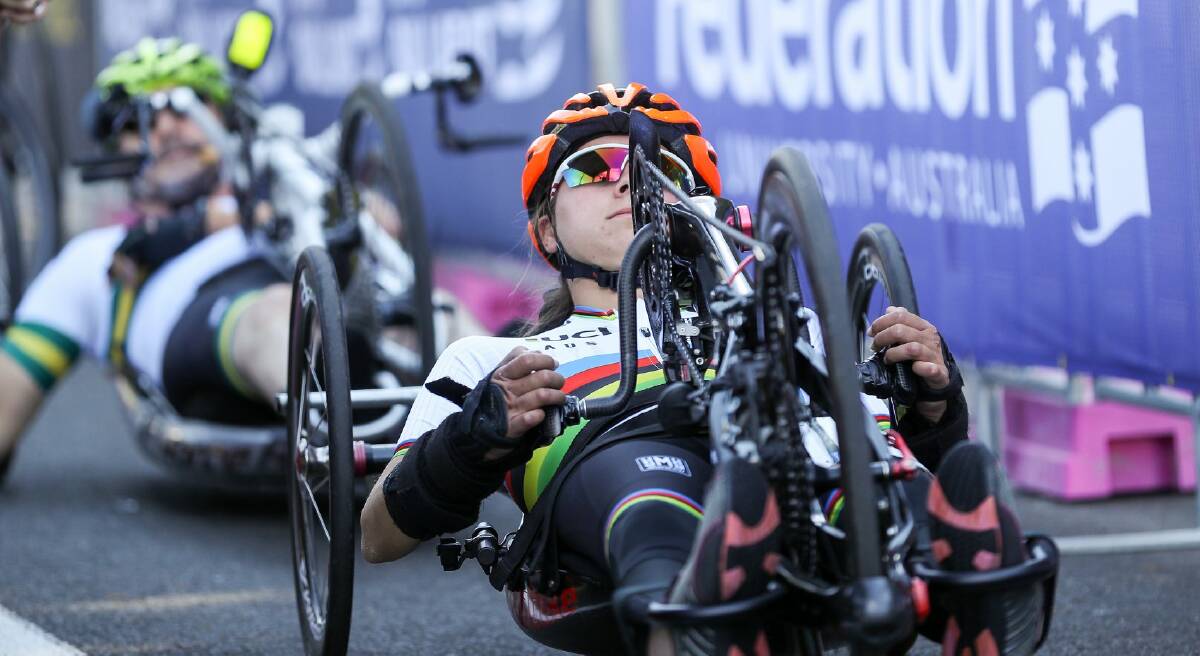 RIGHT ON TIME: Bathurst handcycle star Emilie Miller picked up time trial gold on Monday the at road nationals. Photo: CON CHRONIS