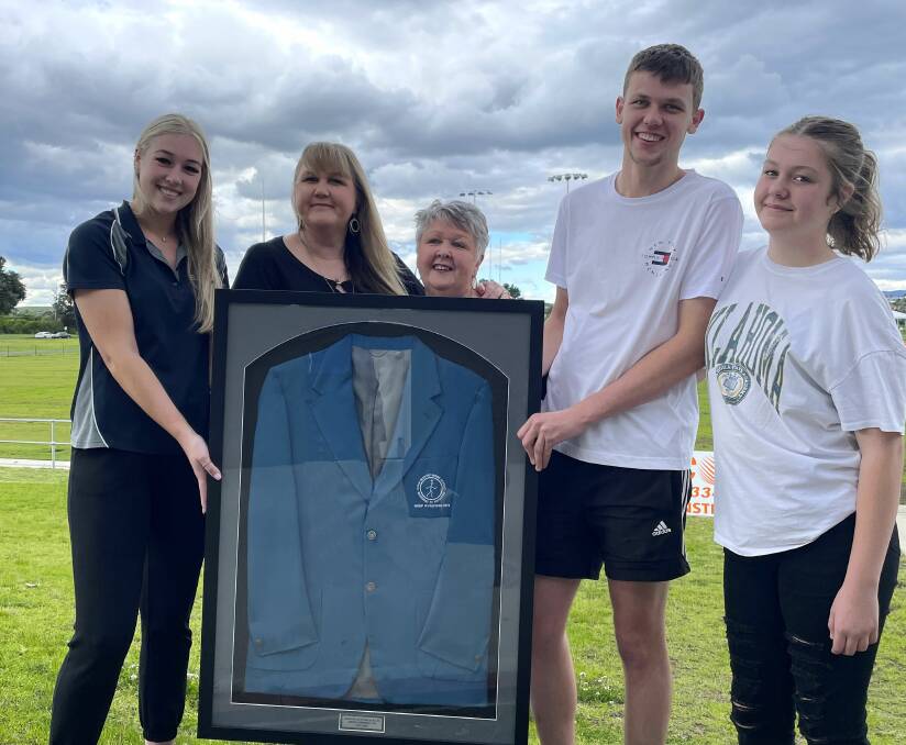 The family of the late great Paul Sams, from left, Paris Medhurst-Howell, Beck Howell, Di Sams, Bryce Howell and Addi Howell are delighted his premiership blazer will now be on display at St Pat's clubhouse.