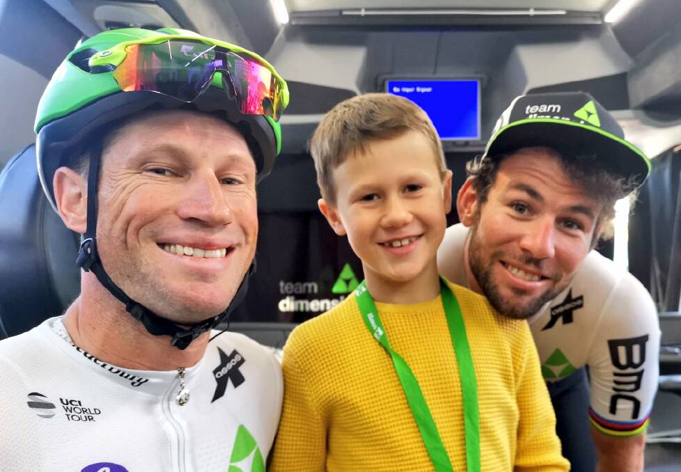 LAST DAY: Mark Renshaw enjoyed his final day as a professional with son Will and team-mate Mark Cavendish. Photo: TEAM DIMENSION DATA TWITTER