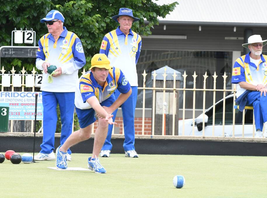 ON THE GREEN: Luke Dobbie teamed up with Alby Homer and Kevin Miller for a game of social bowls at Bathurst City Bowling Club on Saturday. Photo: CHRIS SEABROOK 010921cbowls2