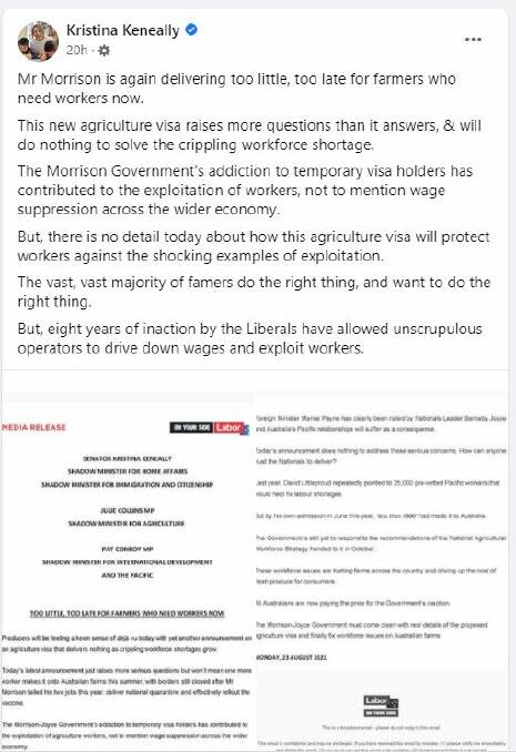 OPPOSITION: A screenshot of a Facebook post from Labor's Kristina Keneally regarding the ag visa. 