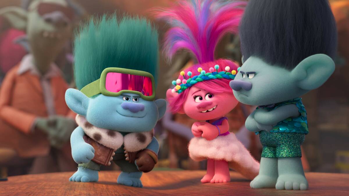 John Dory (Eric André), Poppy (Anna Kendrick) and Branch (Justin Timberlake) in Trolls Band Together. Picture by Dreamworks