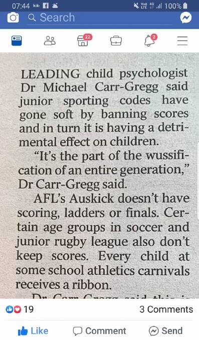 The screenshot of Dr Carr-Gregg article labelling this generation soft for participating in non-competitive sport. 