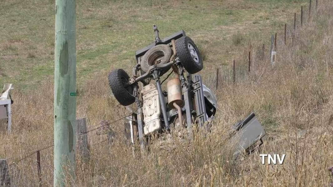 The rolled ute off the Mitchell Highway. Picture Troy Pearson/TNV