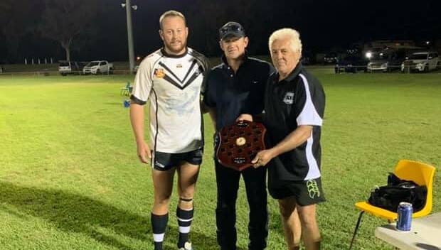 SWOOPED: Cowra skipper Josh Rainbow, coach Kurt Hancock and Forbes' Geoff Acheson. Photo: FORBES MAGPIES FACEBOOK