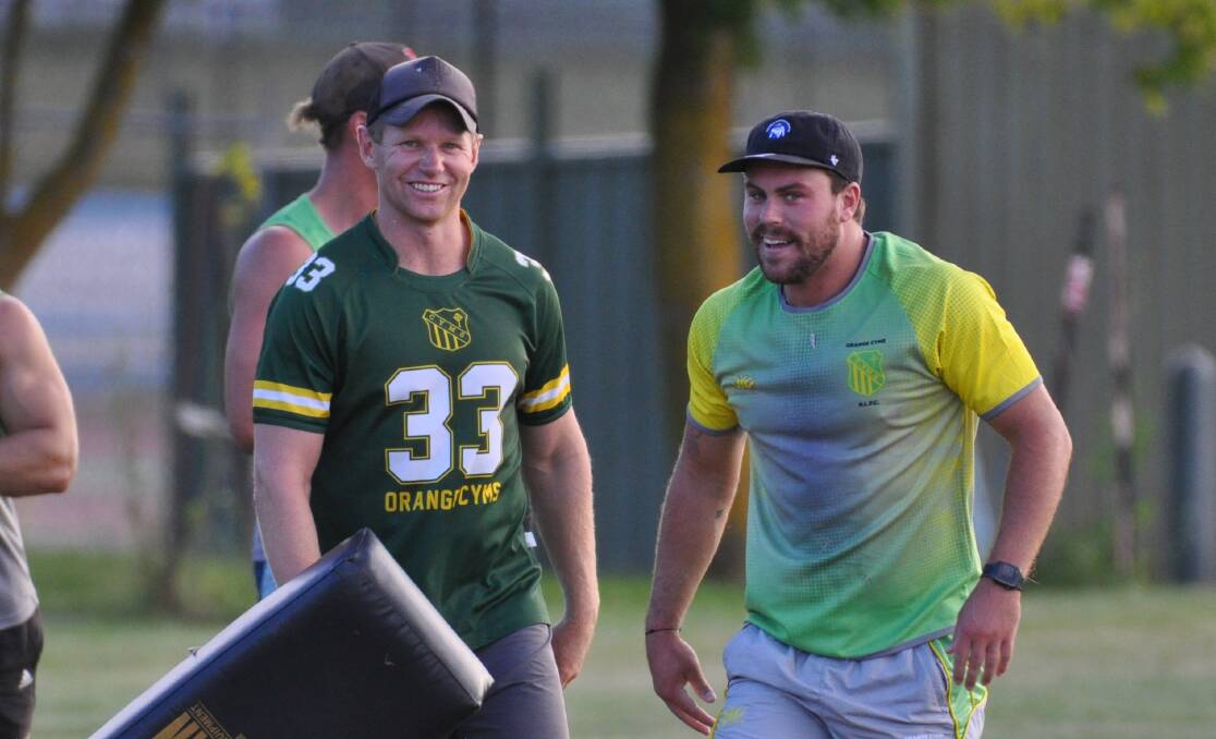 ALL SMILES: CYMS players Dom Maley and Robbie Mortimer lap up the second week of pre-season training for 2021. Photo: NICK McGRATH