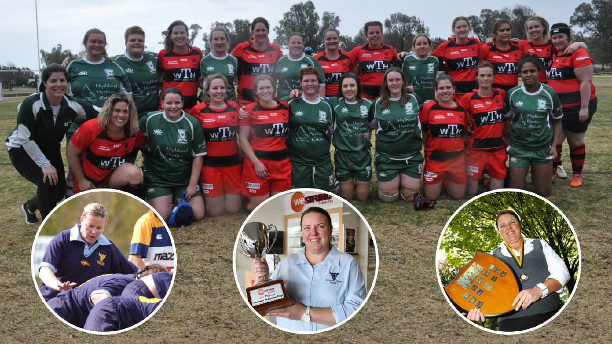 ALL TOGETHER: Amanda Ferguson's Emus and West Wyalong are all smiles after Saturday's game, and (inserts, from left) Ferguson representing Central West, with the 2018 Ferguson Cup and after a country championship win.