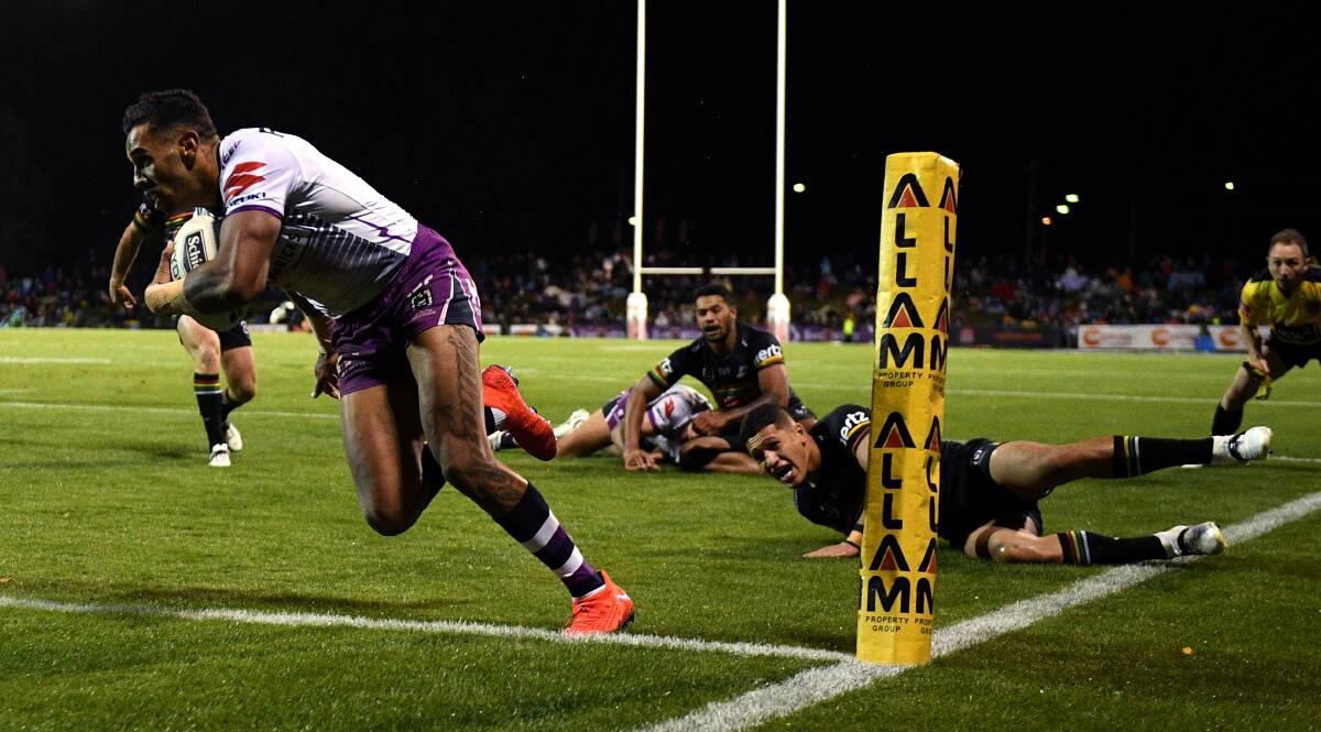 TRY TIME: Josh Add-Carr slices through to score at Carrington Park on Saturday night. Photo: AAP