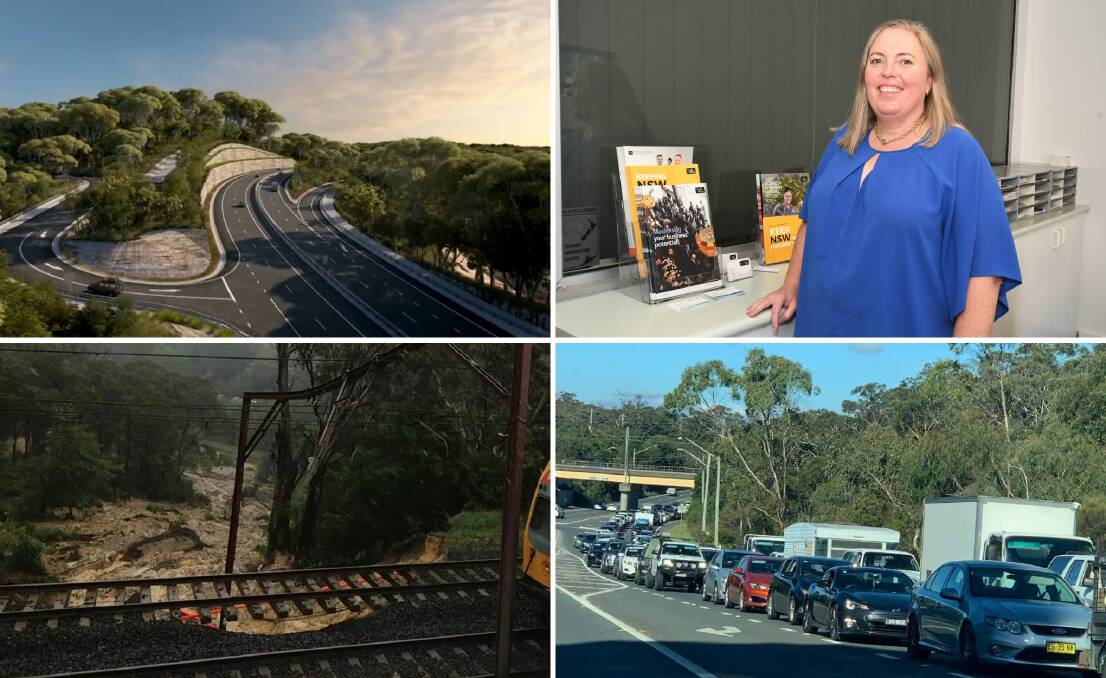 Clockwise from top left, an artists impression of the Great Western Highway upgrade, Vicki Seccombe, traffic banked up on the highway at Leura and a landslide on the western rail line. 