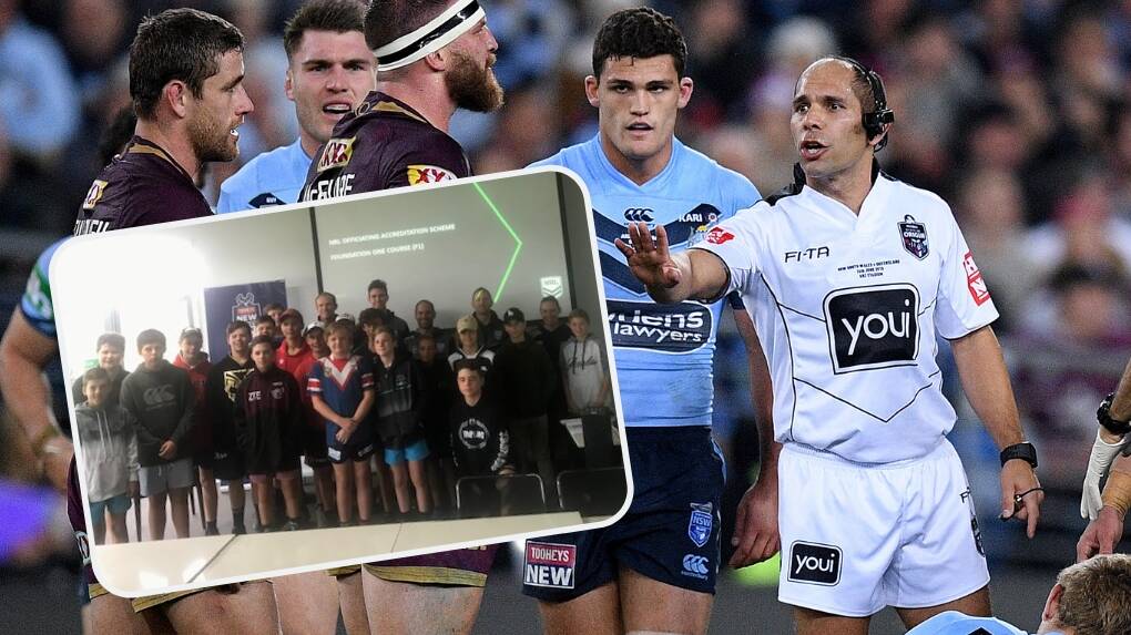 HELPING HAND: Ashley Klein put the newest crop of Group 10 referees (insert) through their paces ahead of the NRL game last Saturday. Main photo: AAP