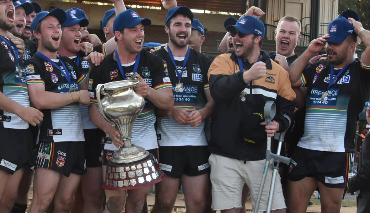 HAPPY DAYS: Jake Betts (second from right) celebrating the 2018 Group 10 premiership with Panthers. Photo: PETE GUTHRIE