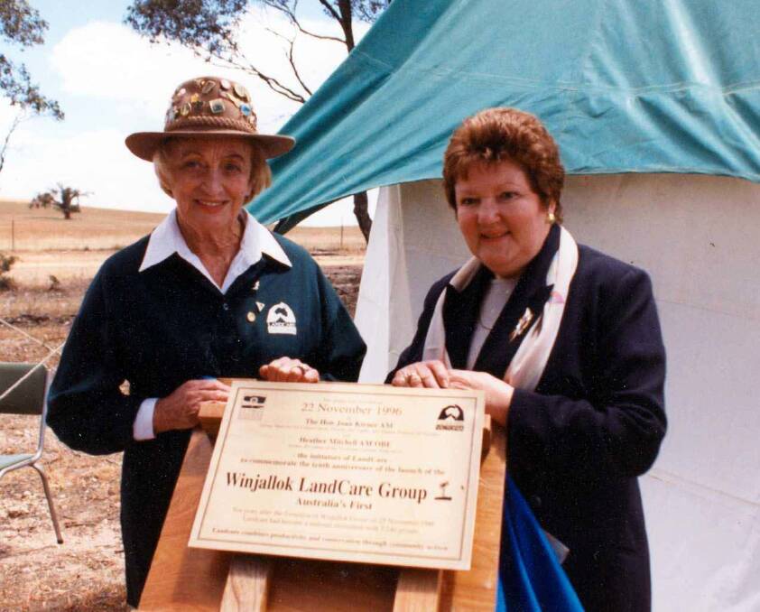 Heather Mitchell and Joan Kirner at Winjallok celebrating the 10th anniversary of Landcare in Victoria. Photo: Landcare Victoria Inc. archives.