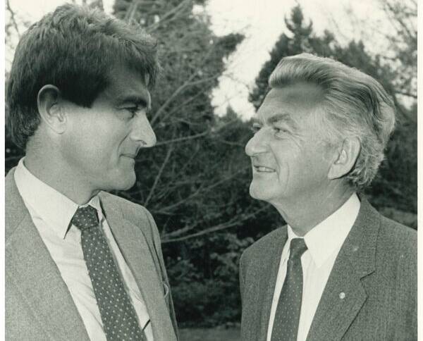 Bob Hawke with one of the architects of Landcare, Phillip Toyne of the Australian Conservation Foundation. Photo: Landcare Victoria Inc. archives