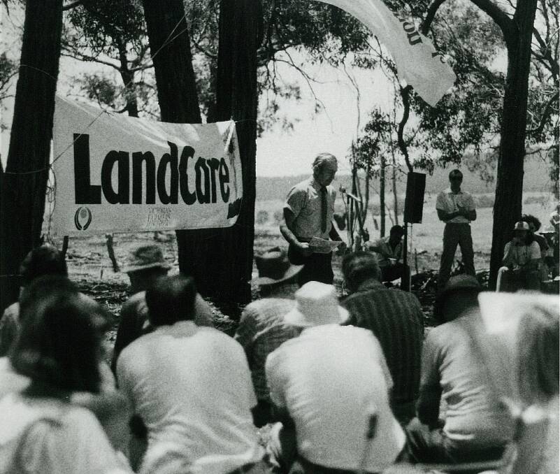 Stakeholders gather for a Landcare event in 1986 Photo: Landcare Victoria Inc. archives.
