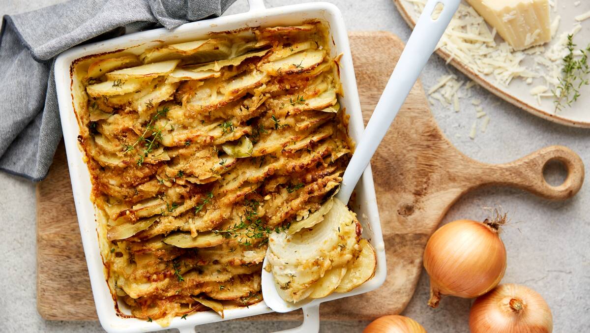 Cheesy onion and potato tray bake. Picture: Supplied 