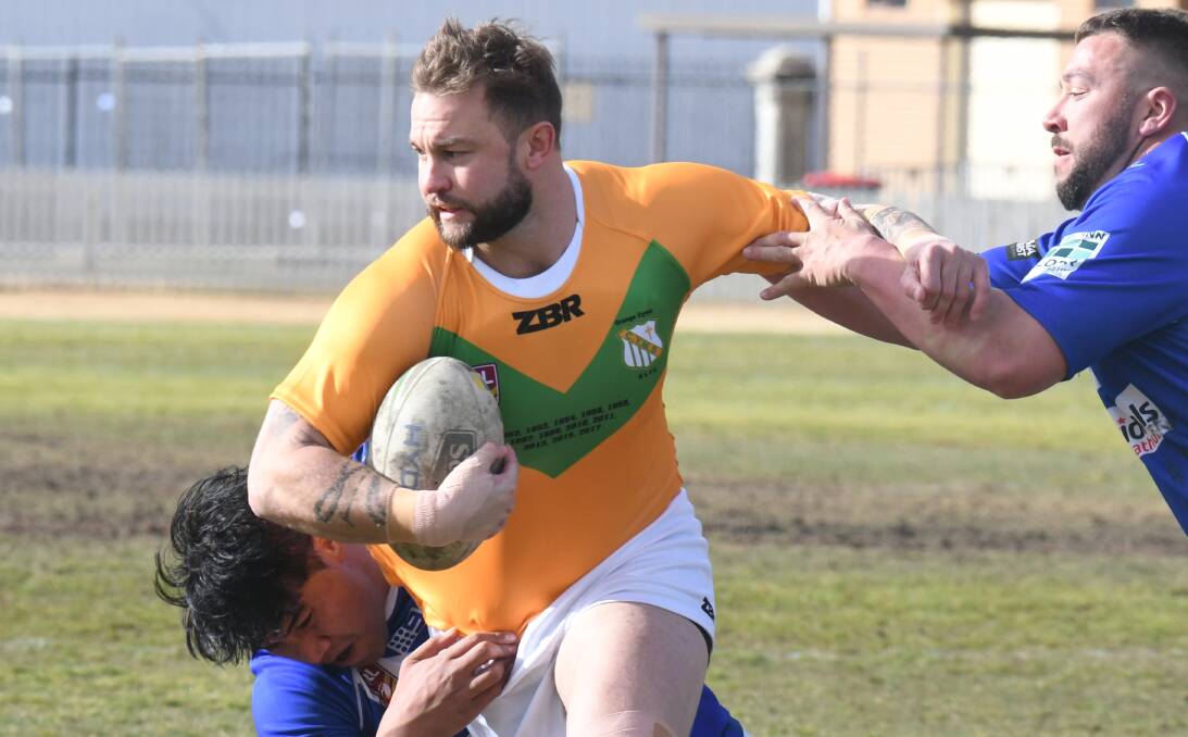 HELLO FROM THE OTHER SIDE: Brock McGarity takes a hit-up in CYMS' win over Bathurst St Pat's last weekend. He was playing for Hawks last time the two sides met in a final. Photo: CARLA FREEDMAN