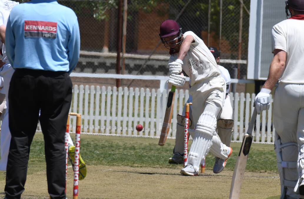 BUILDING BLOCK: Cavaliers' Bailey Ferguson hits out on his way to 71 against Bathurst City, he pushed past 50 after resuming the second day unbeaten on 38. Photo: JUDE KEOGH