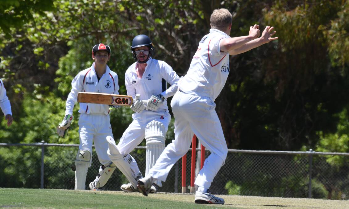GET BACK: Centrals seamer Zac Reimer shapes to have a ping after Kinross' Will Luelf charged at Riawena Oval, Luelf made 95. Photo: JUDE KEOGH