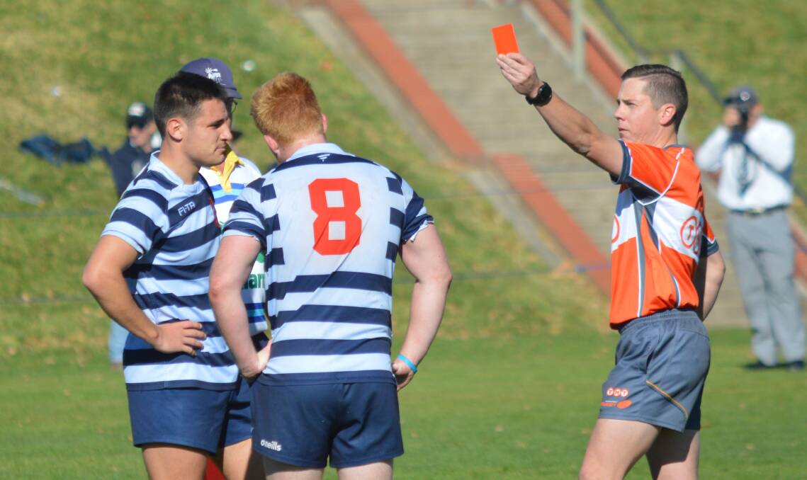 YOU'RE GONE: Stannies No.8 Camaeron Regan is given his marching orders at the 20-minute mark. Photo: MATT FINDLAY