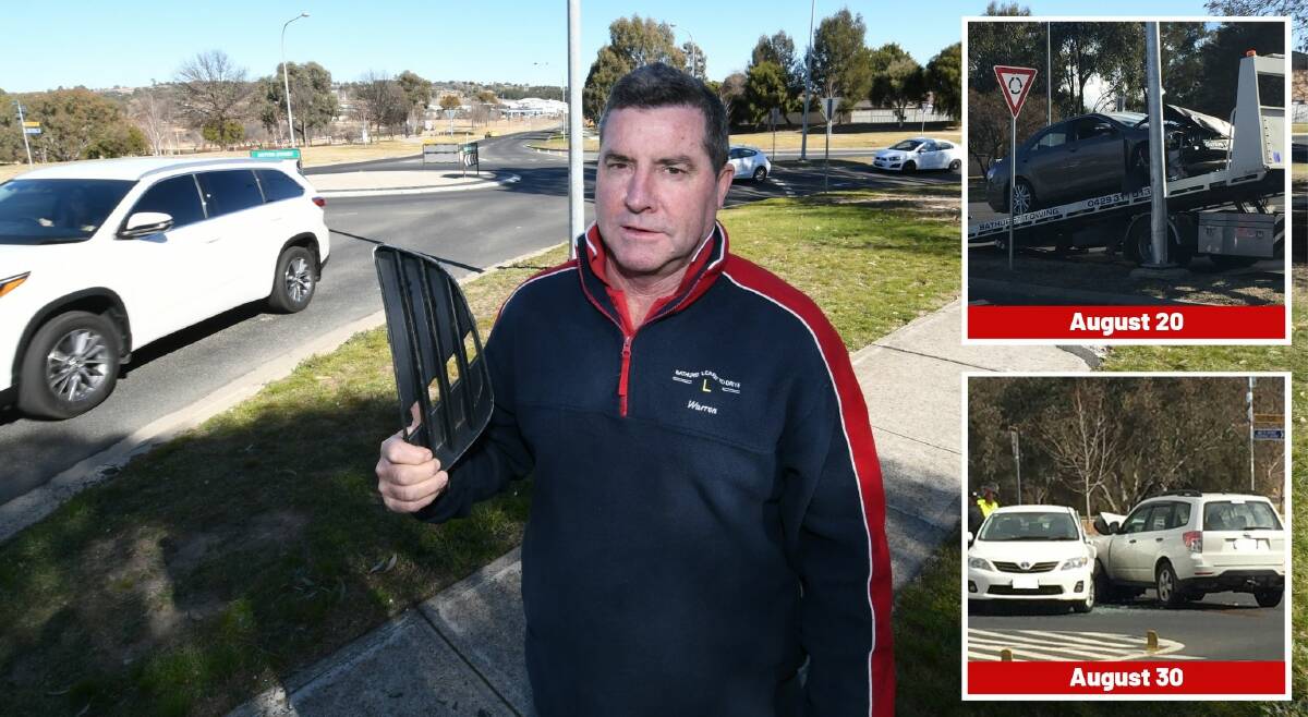 BLACK SPOT: Councillor Warren Aubin pictured at the intersection of Suttor Street and Bradwardine Road, which has just received Black Spot Funding. INSETS: Recent crashes.
