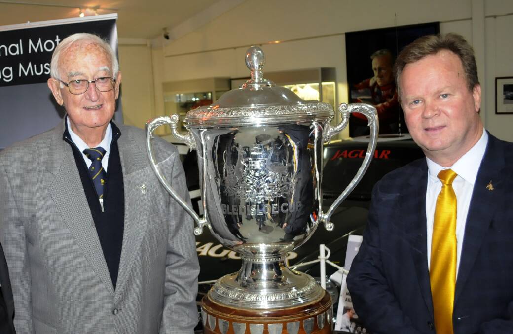 RUGBY STALWART: Ken Laird (left) pictured with Australian Rugby Union CEO Bill Pulver and the famous Bledisloe Cup during a rugby promotional tour to Bathurst in 2014.