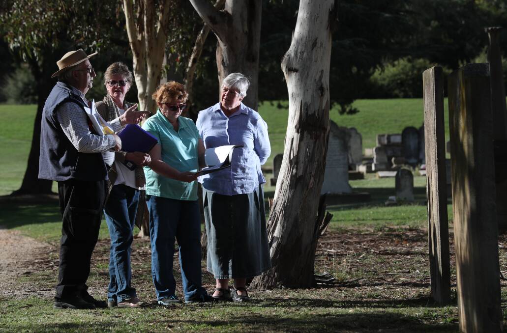 WALK AND TALK: Graeme Hill, Ellen Bennetts, Marie Lanarch and Denise Young prepare for the cemetery wander. Photo: PHIL BLATCH