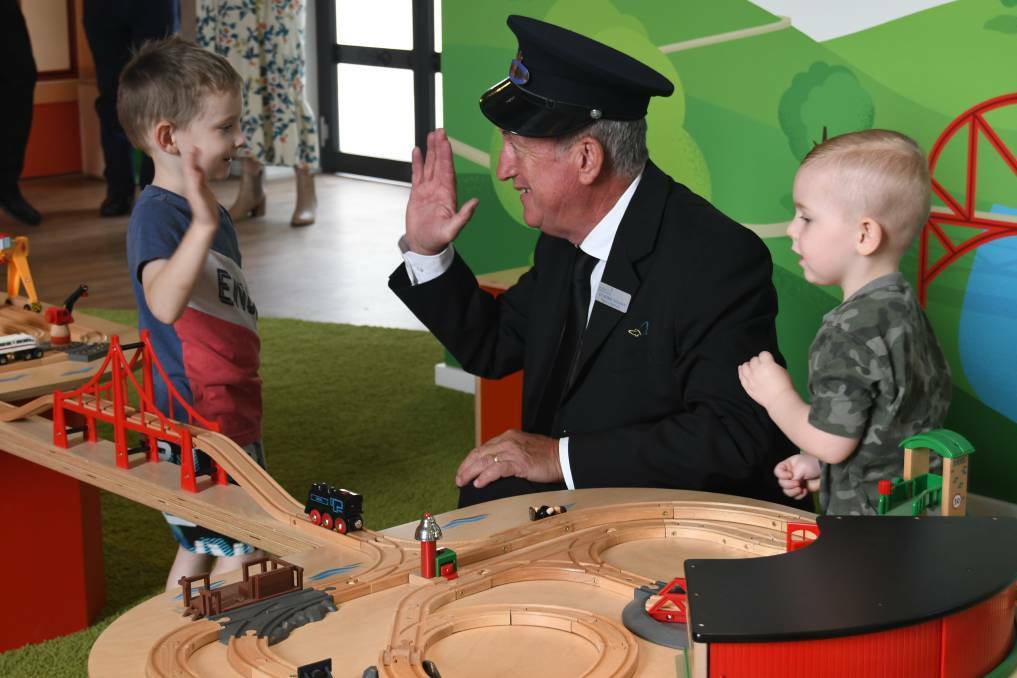 PLAY AREA: Mayor Bobby Bourke with Austin Lewry and Silas Richter in the children's play area at the Bathurst Rail Museum when it opened in February.
