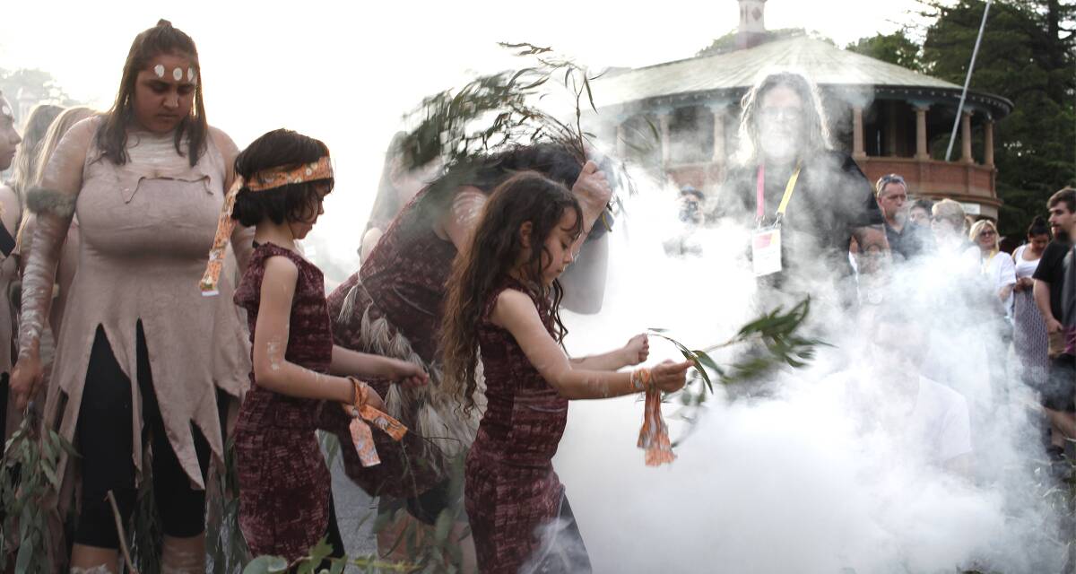 SMOKING CEREMONY: Wagana Dancers being cleansed by smoke at the Welcome to Country during the opening ceremony of Artstate Bathurst 2018.